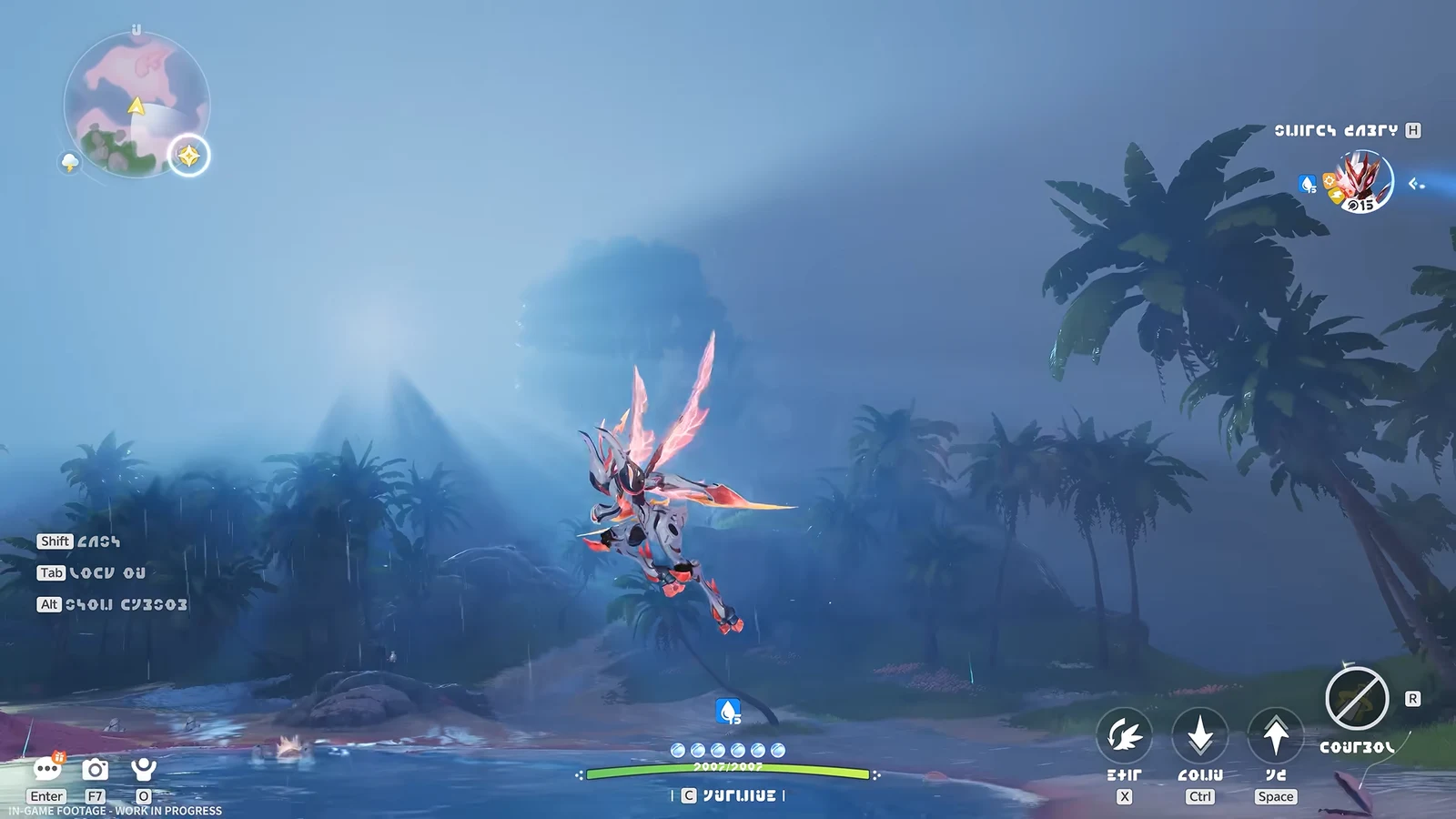 A winged red-and-white Aniimo flies above a misty tropical shoreline surrounded by palm trees at dusk.