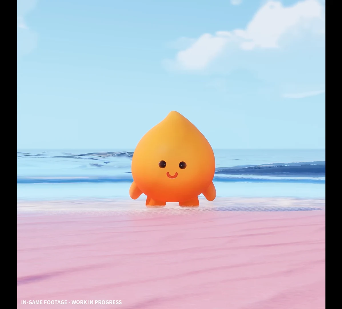 An orange teardrop-shaped creature stands alone on a sunny beach beside calm blue water.