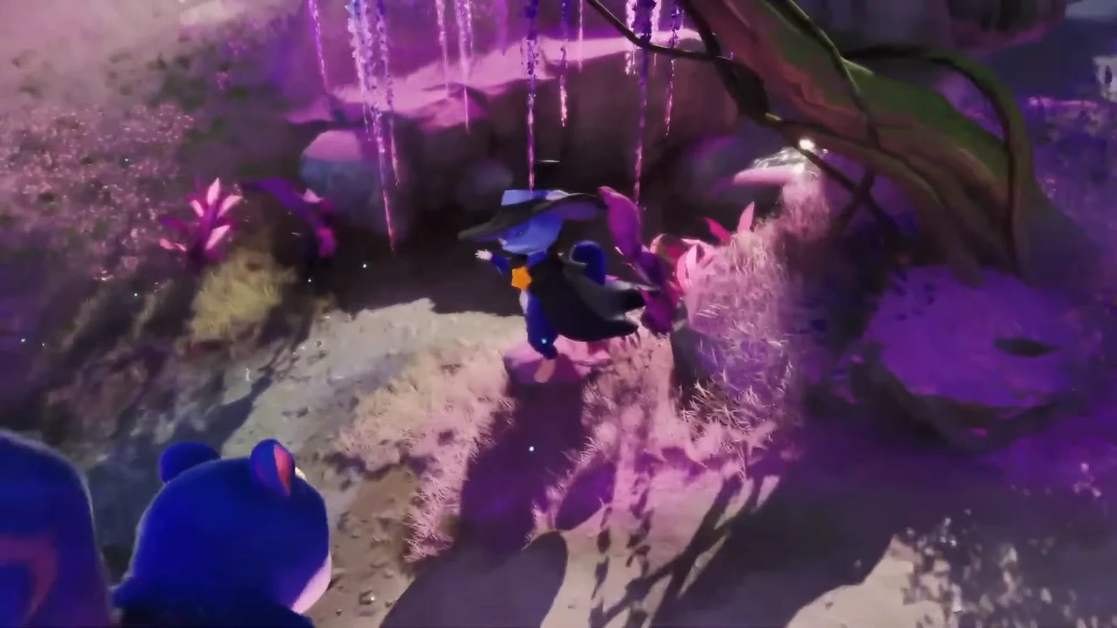 Blue player character walking through a glowing purple forest toward a small dark creature on the rocks