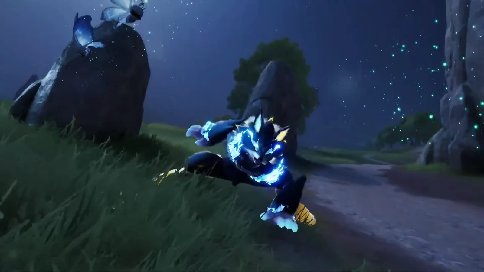 Electric blue creature striking with lightning during a night battle