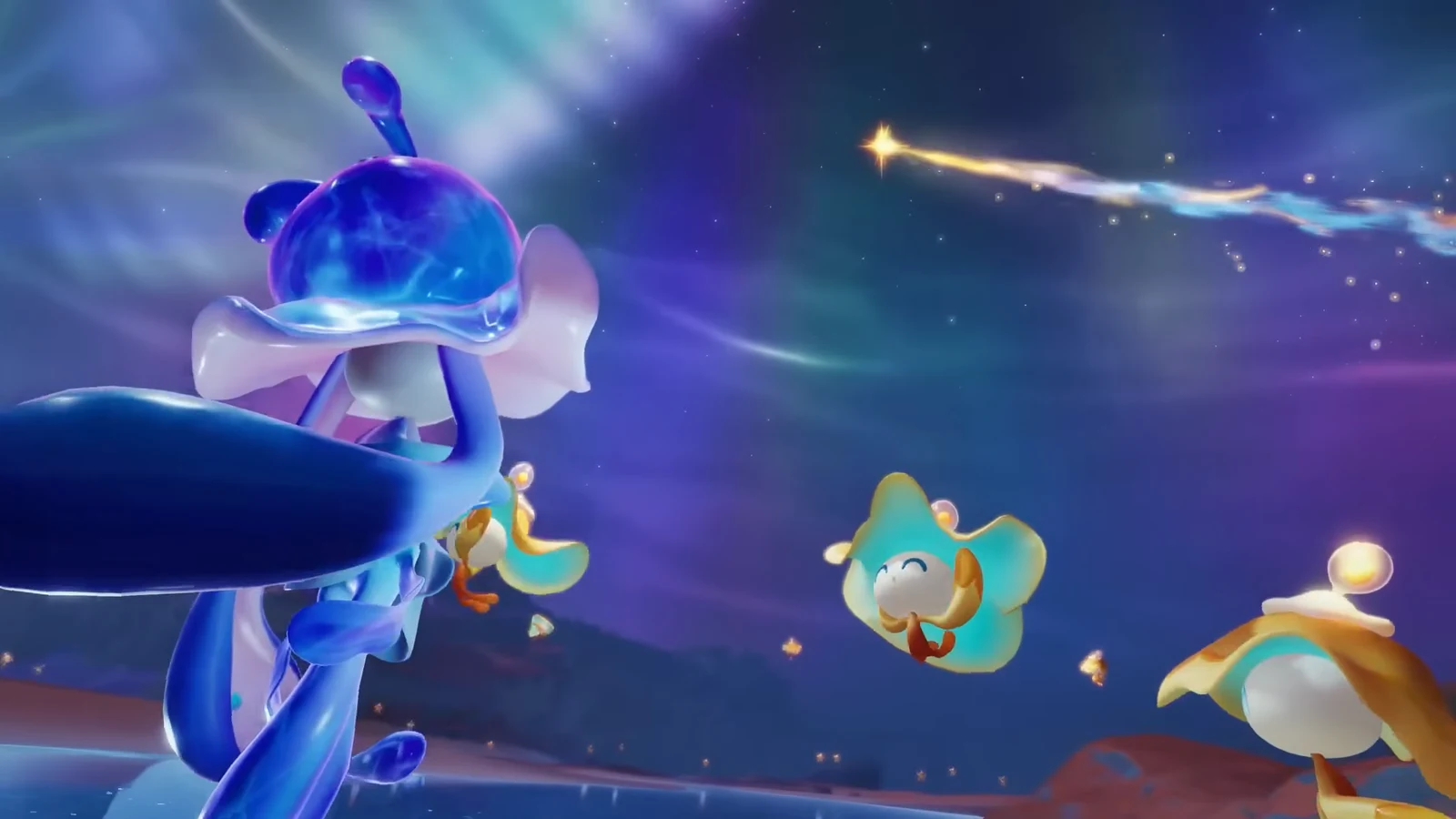 Player and companion creatures exploring a bright Aniimo biome