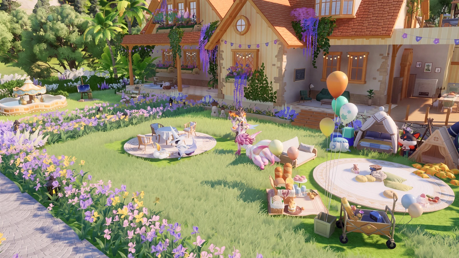 Colorful Aniimo creatures gather around picnic tables and balloons in a flower-filled cottage garden during the daytime.