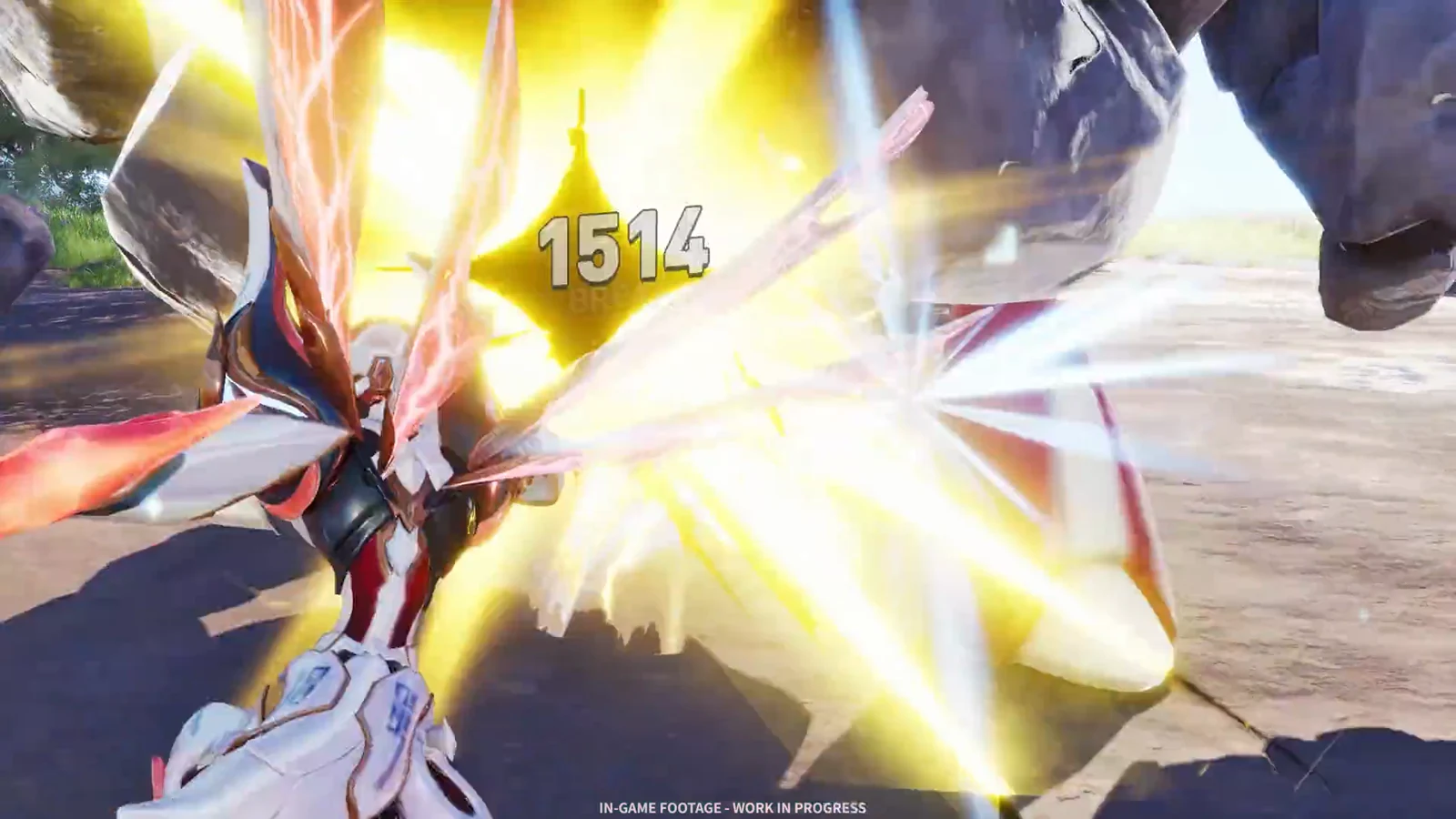 Red-and-white winged Aniimo strikes a large rocky opponent in a sunlit arena, displaying 1514 damage.