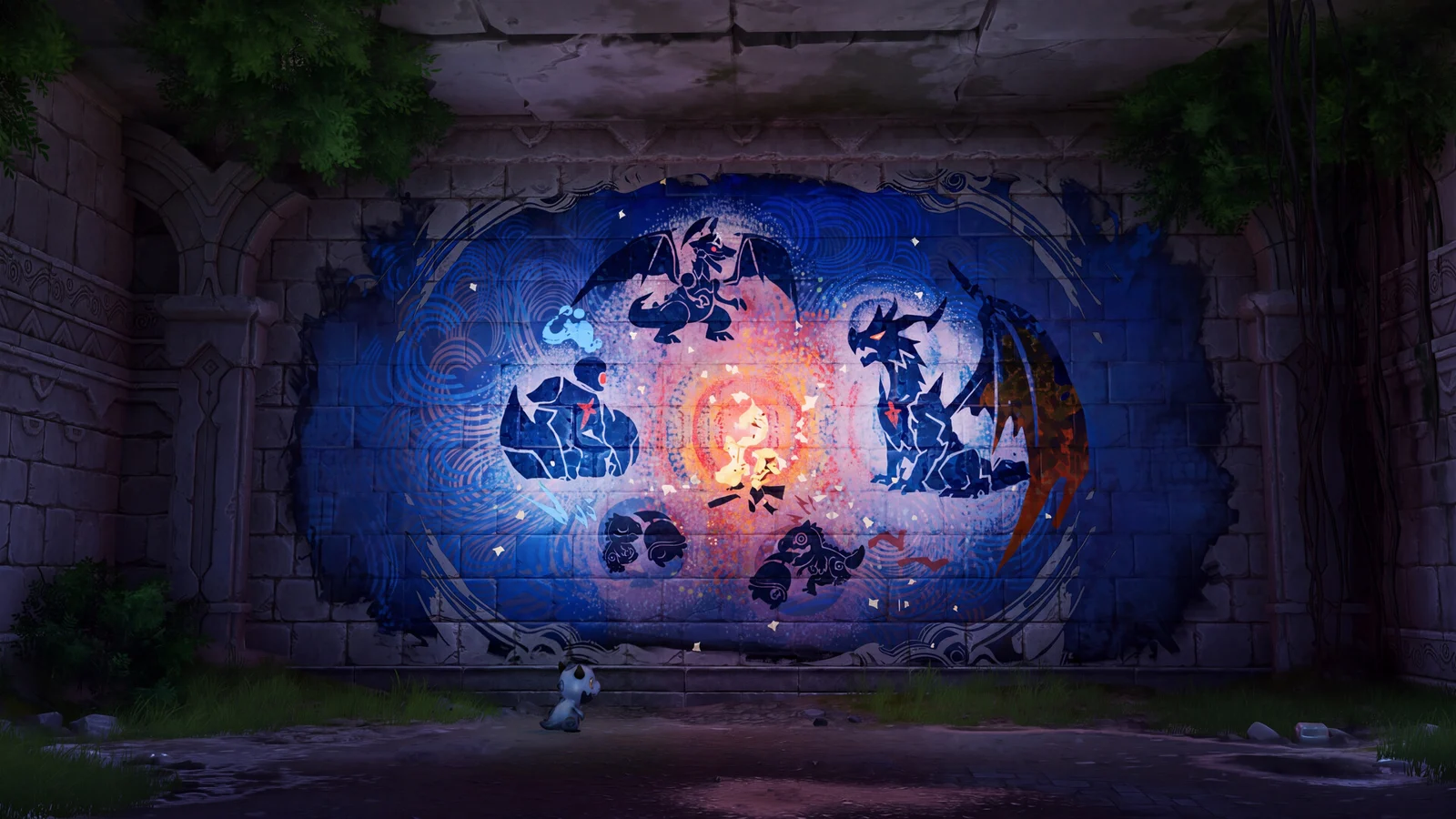 Aniimo official artwork: a glowing mural inside ancient ruins
