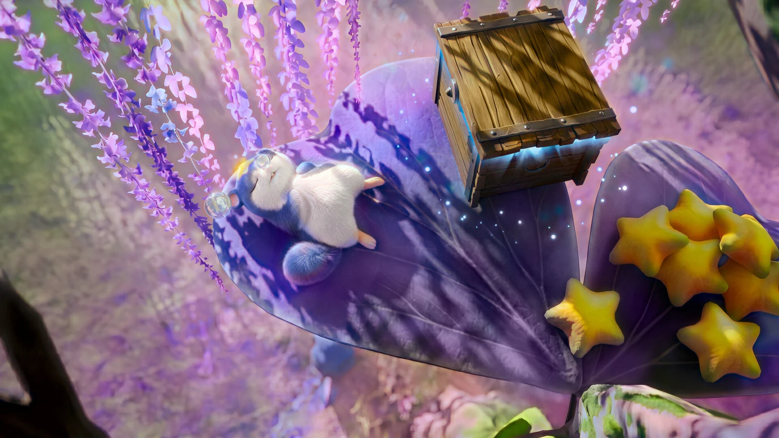 Aniimo official artwork: a small creature beside a treasure chest and golden stars