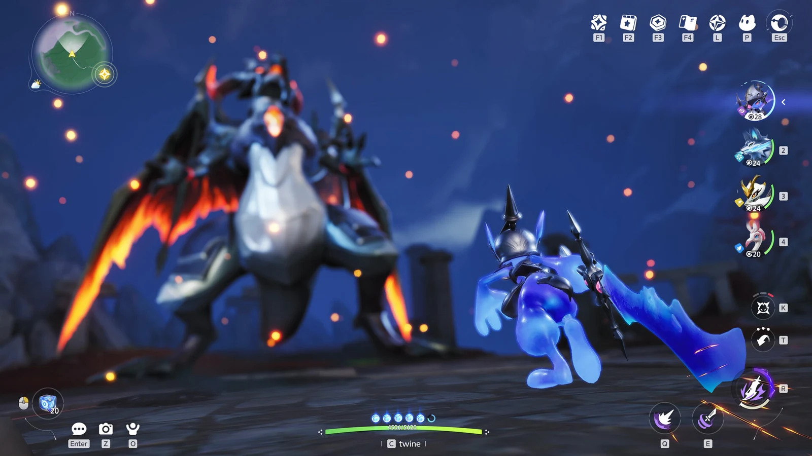 Two large creatures confront each other in a dark volcanic landscape, one glowing with orange fire and the other with blue energy.