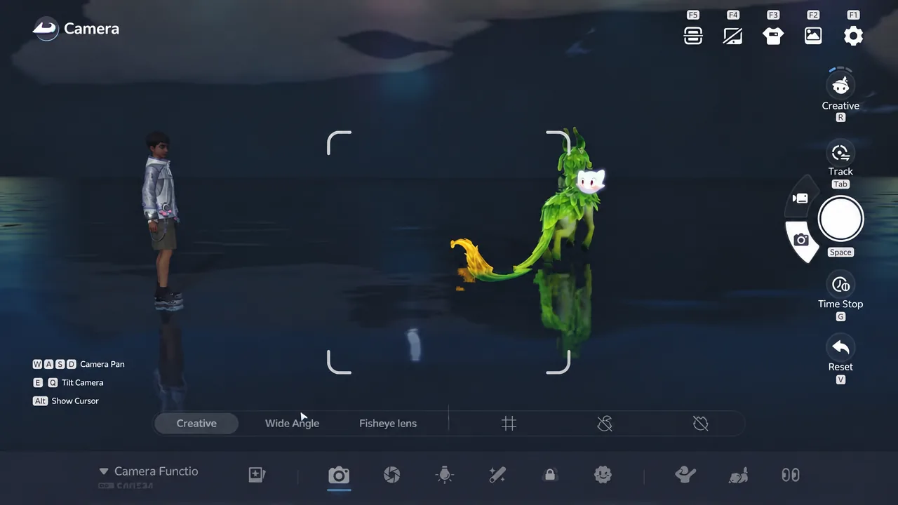 Creative tab open in the camera, framing the player and a creature