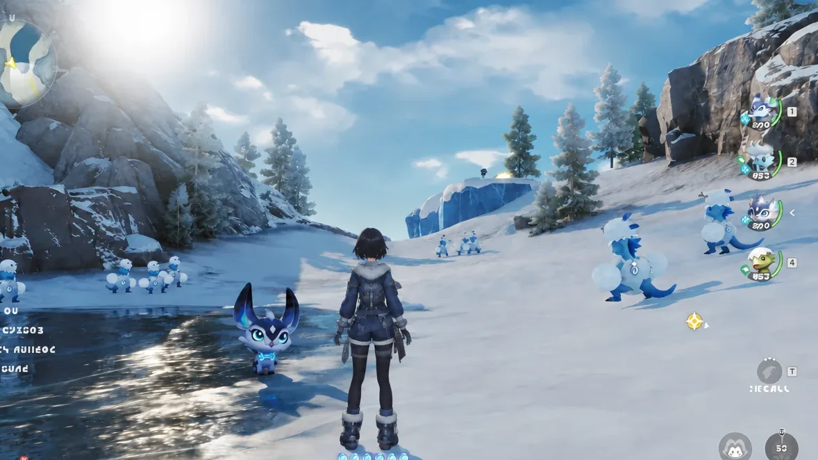 Player and Aniimo companion in a snowy area with the Recall prompt on screen