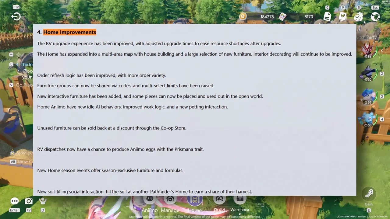 Update notes screen open on the Home Improvements section