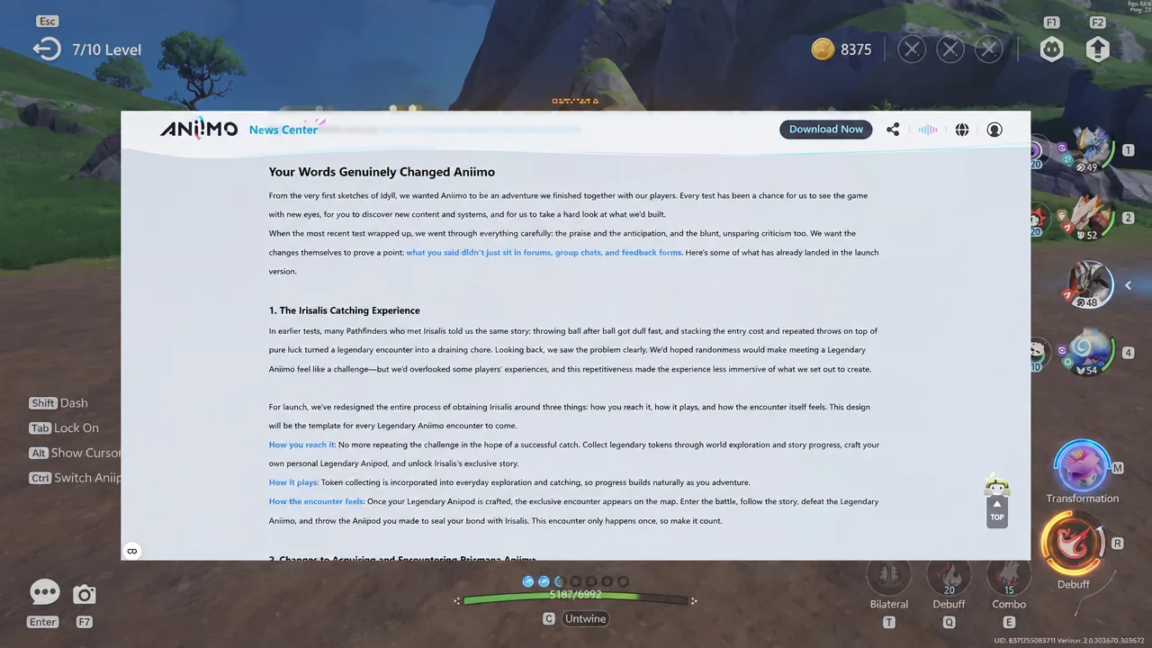 News Center screen displaying a developer article about changes made in response to player feedback