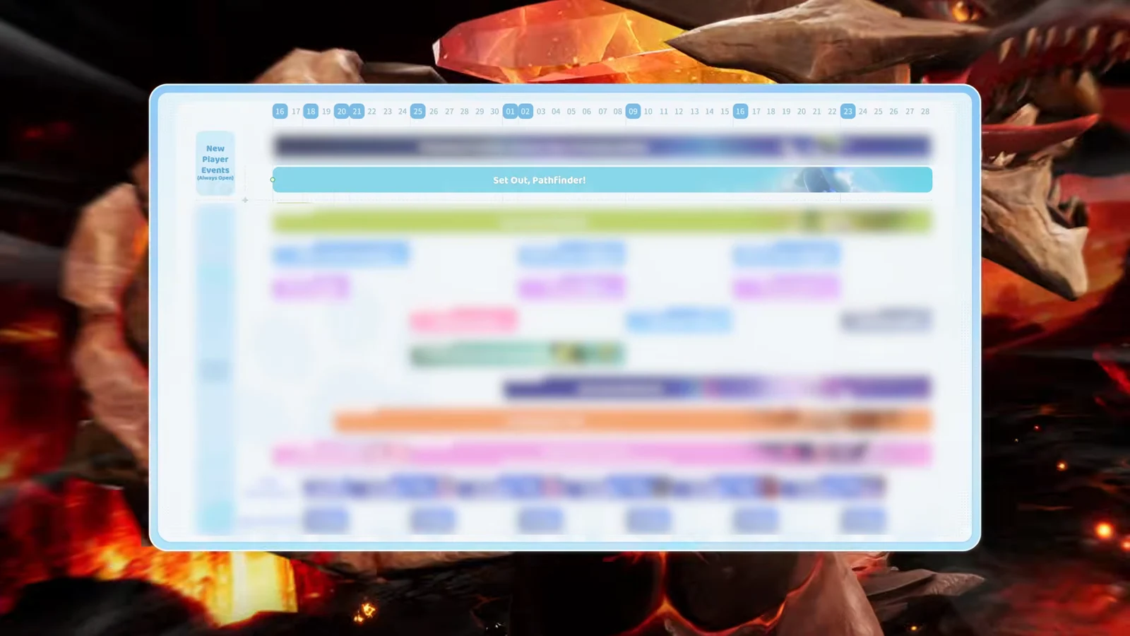 Aniimo event calendar open on the New Player Events tab with the Set Out, Pathfinder! dates highlighted