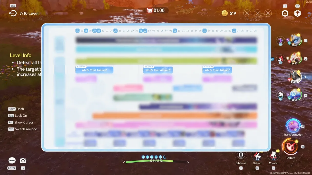 Level Info screen with the Who's That Aniimo? entries highlighted in the event timeline