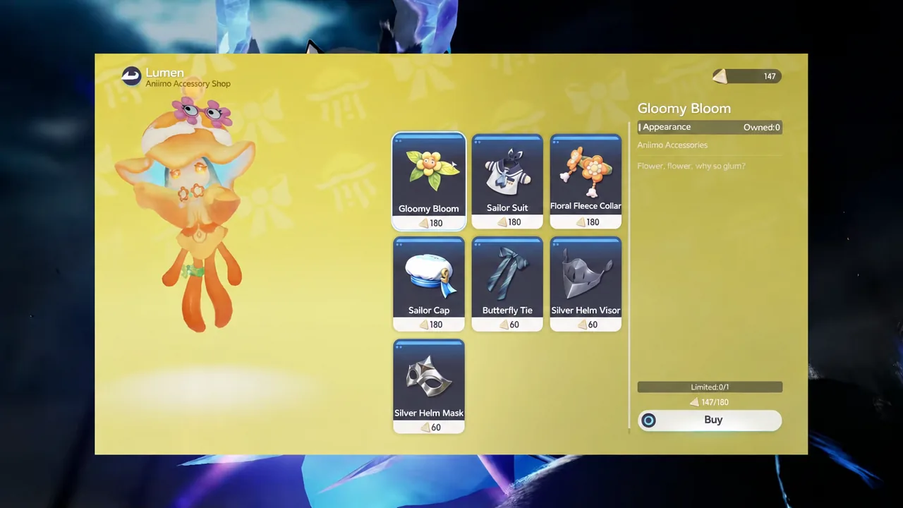 Aniimo accessory shop with the Gloomy Bloom item selected before purchase