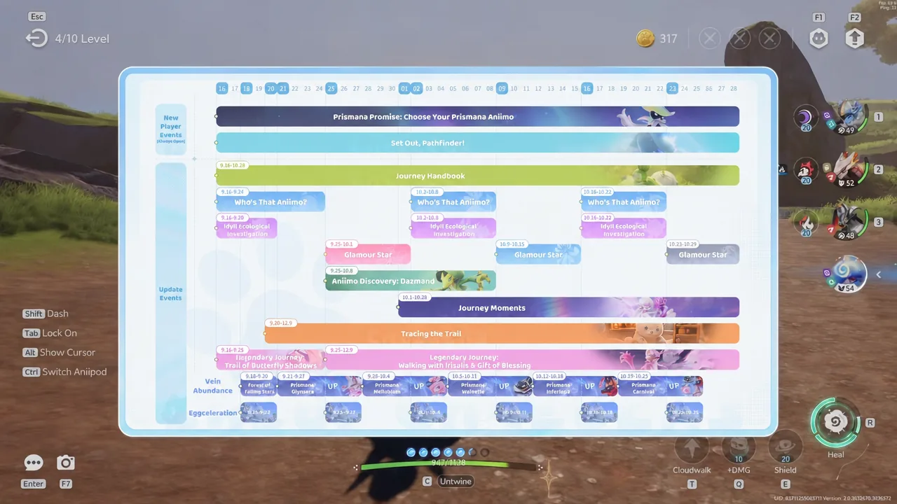 Journey Handbook screen showing the season timeline with scheduled quests and events