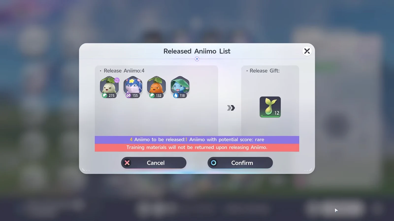 Released Aniimo List dialog showing four selected creatures with Cancel and Confirm buttons