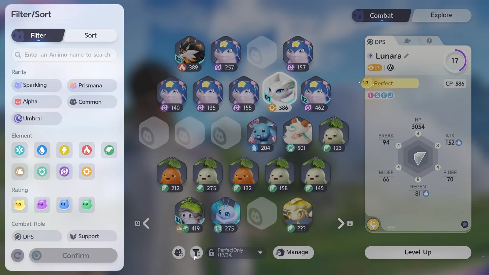 Filter tab open over the Aniimo roster with rarity, element, rating and role options