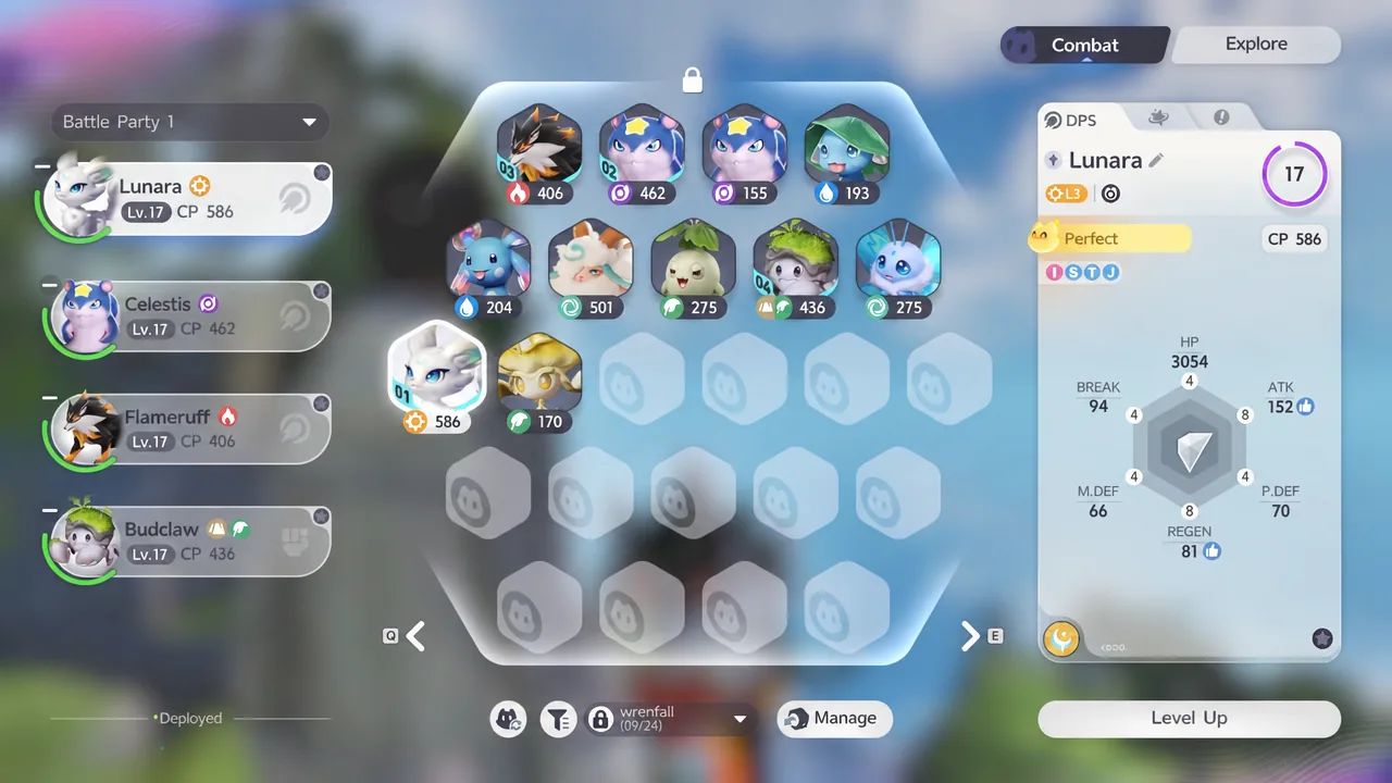 Aniimo roster view with Lunara highlighted and her DPS role details open