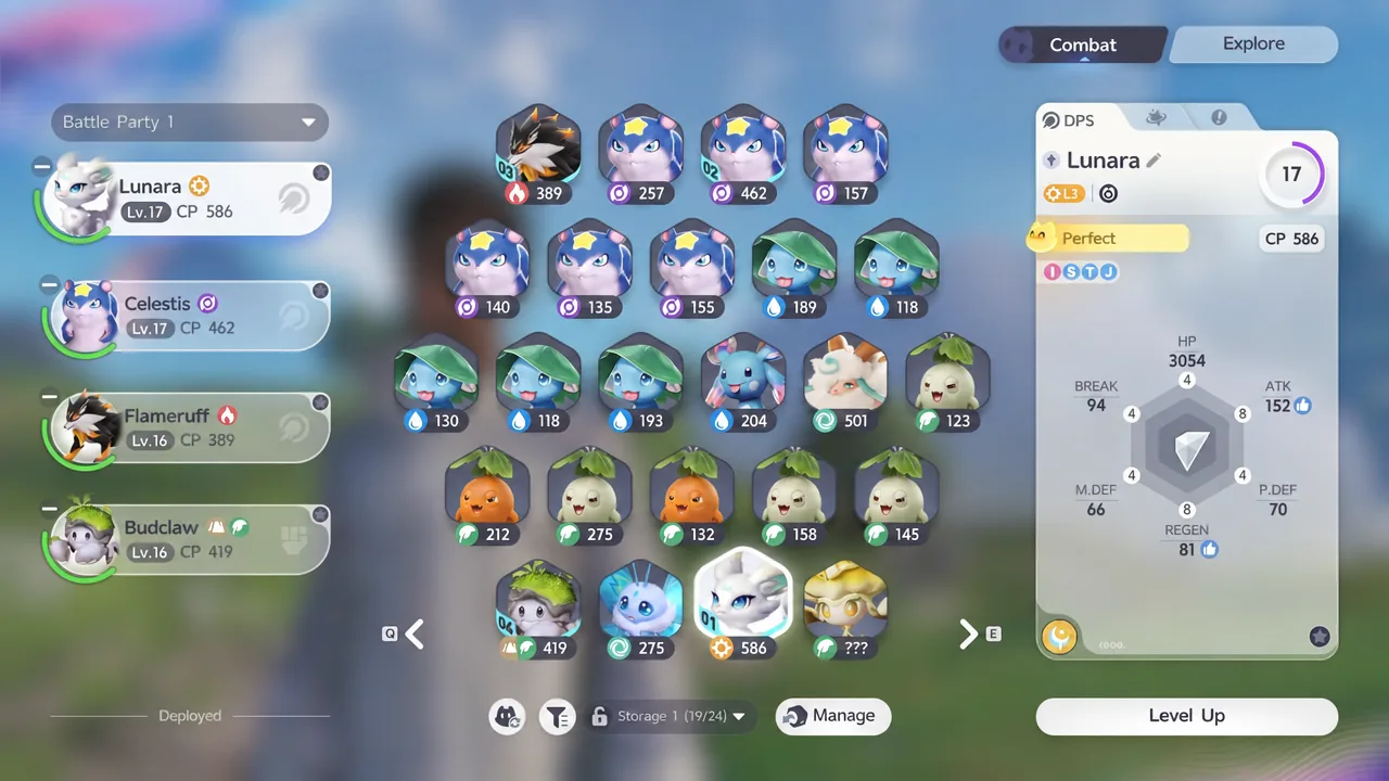 Battle Party 1 screen in Aniimo Management with Lunara selected and her DPS stats listed