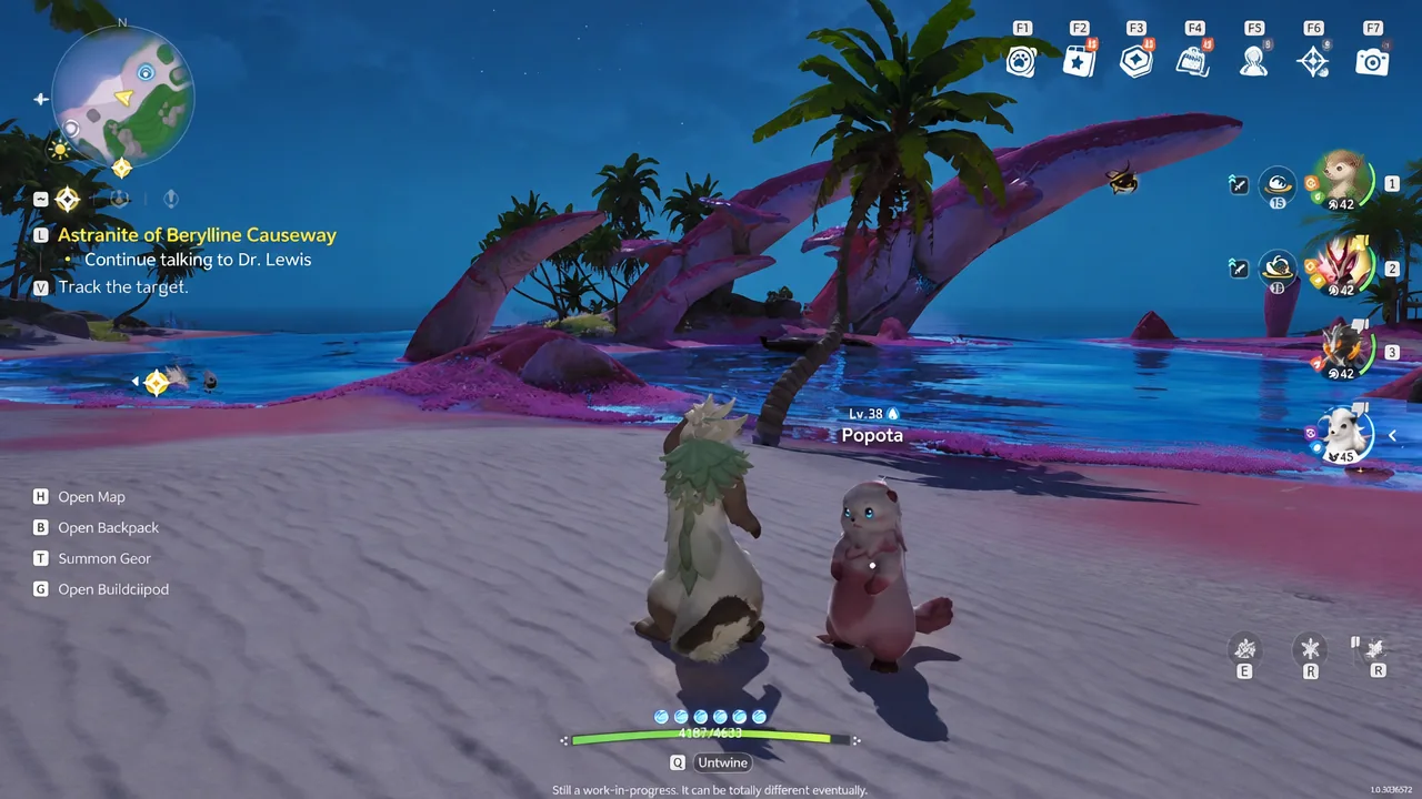 Catching on the beach, with the active quest tracker in the top corner.