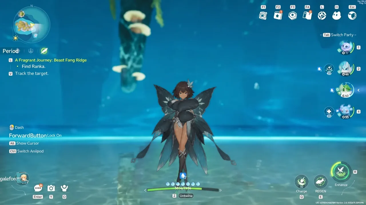 Character swimming underwater while the Beast Fang Ridge quest tracker stays active
