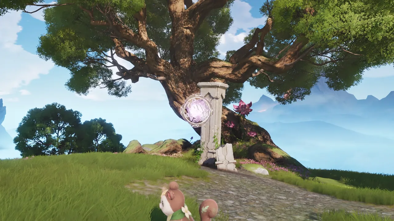 Player character approaching a stone shrine marked with a glowing purple sigil
