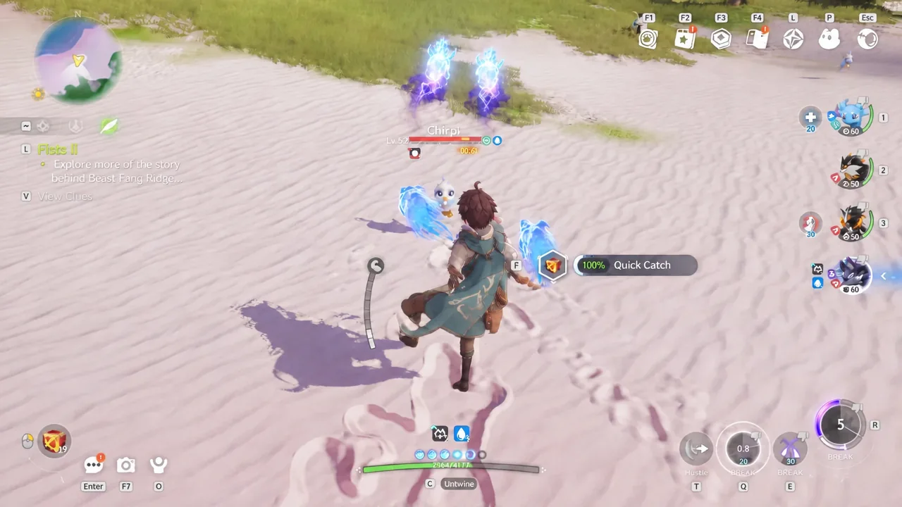 Quick Catch prompt appears on screen as the player closes in on a wild Chirp