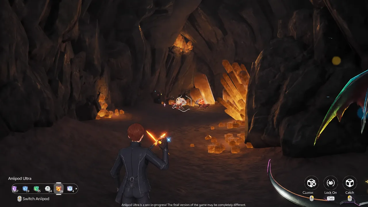 Player aims an Aniipod Ultra at a wild creature with the catch prompt showing