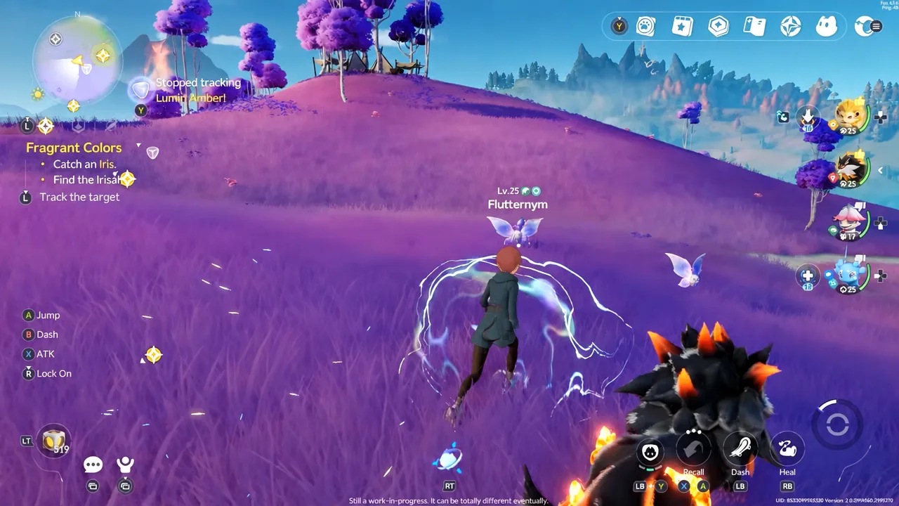 Mounted exploration in Aniimo while approaching a wild creature to capture it