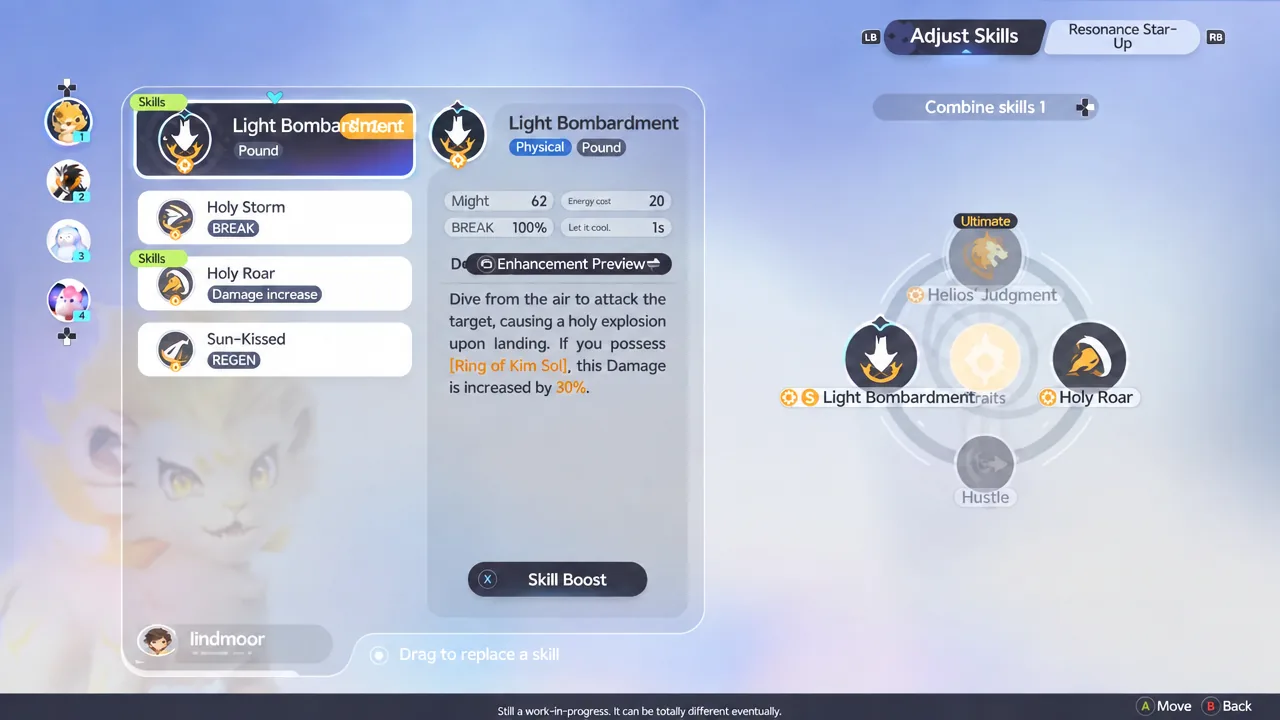 Adjust Skills screen with Light Bombardment highlighted while arranging a skill layout