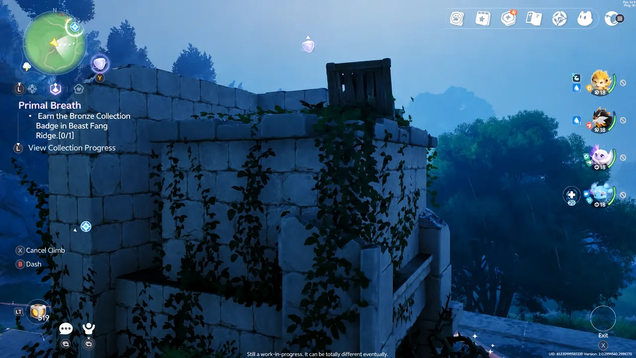Climbing a vine-covered stone wall while the Primal Breath quest tracker shows a badge objective
