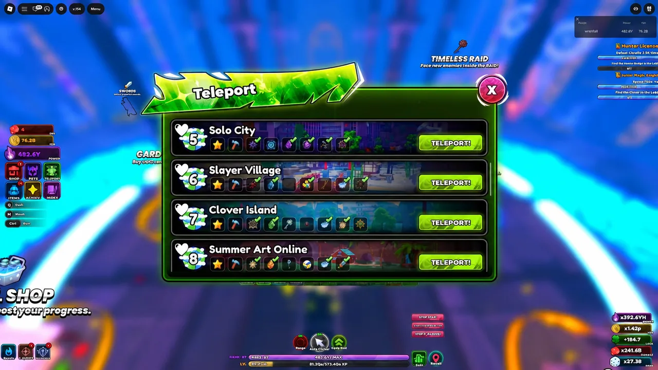 Teleport destination list used to return to Clover Island and claim a rank