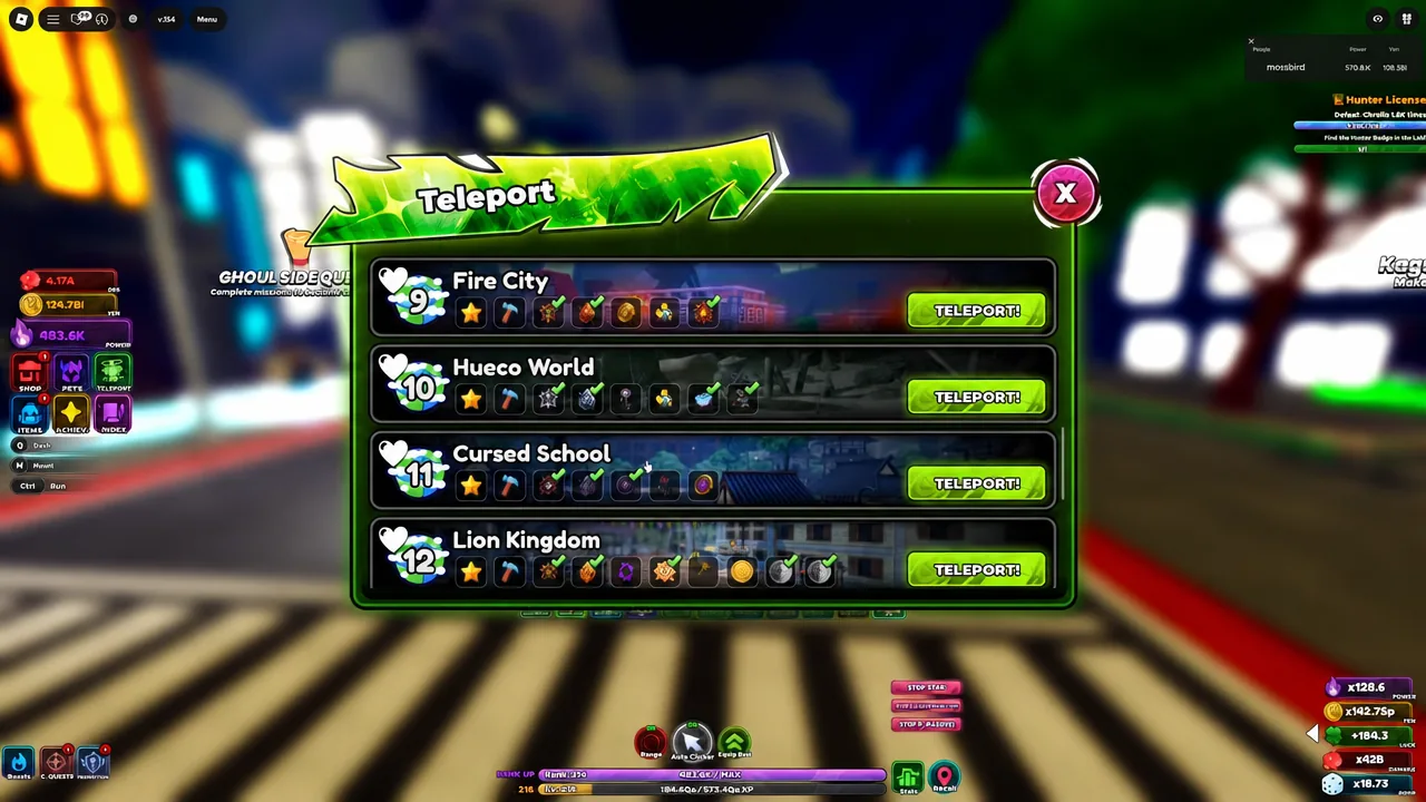 Teleport menu open with a list of worlds and green TELEPORT buttons