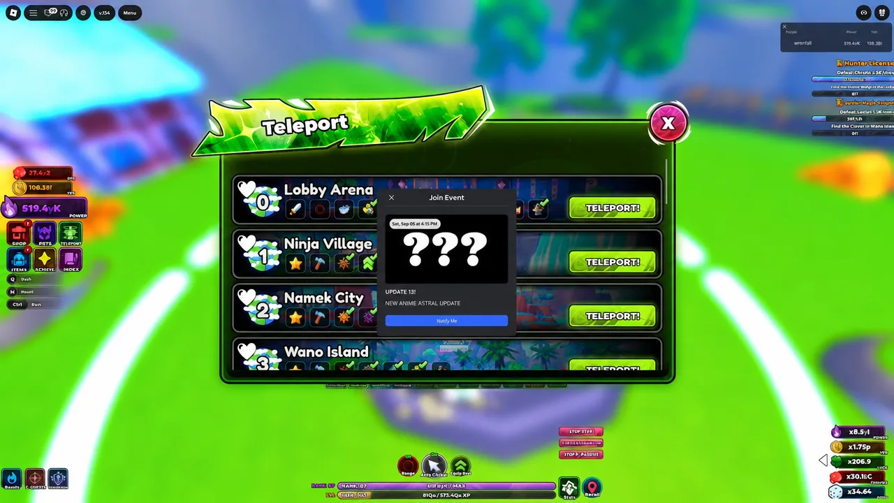 Join Event dialog with a Notify Me button shown over the world select screen