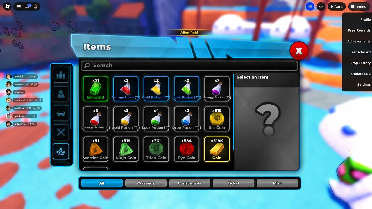 Items tab in Anime Breaker with the Gold entry highlighted and the side menu open