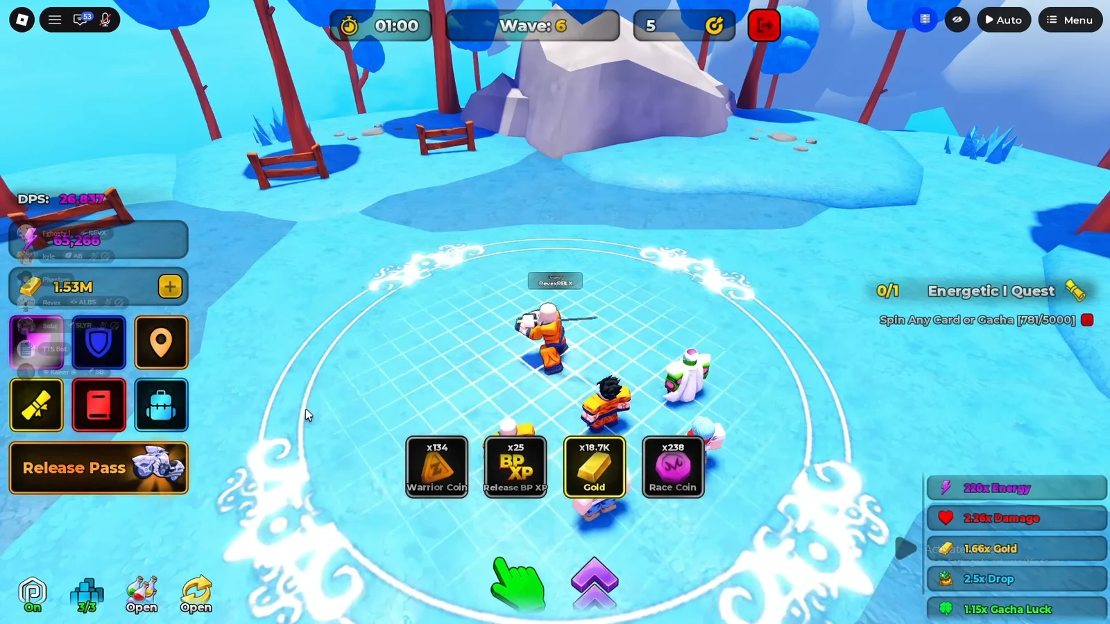 Wave 6 reward popup in the Alien Raid showing Warrior Coin, Release BP XP, Gold, and Race Coin