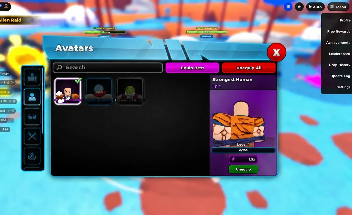 Avatars tab with the Strongest Human avatar selected and equipped