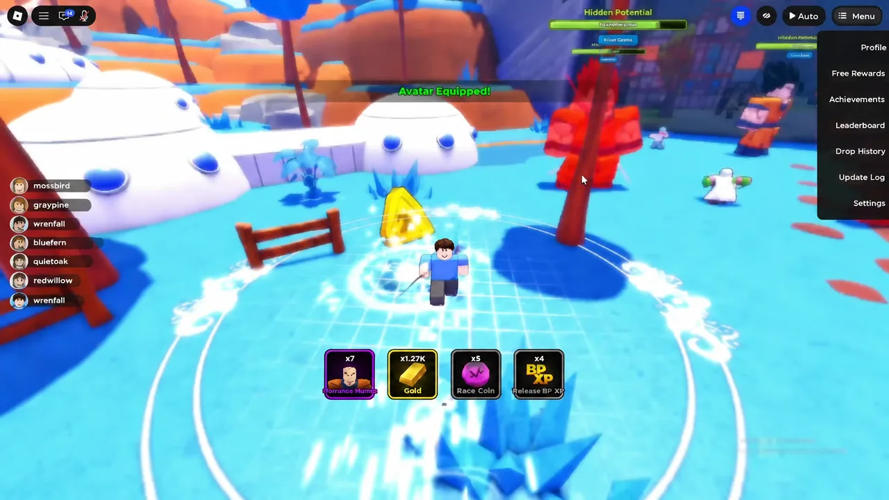 Avatar Equipped confirmation appearing beside the open menu panel