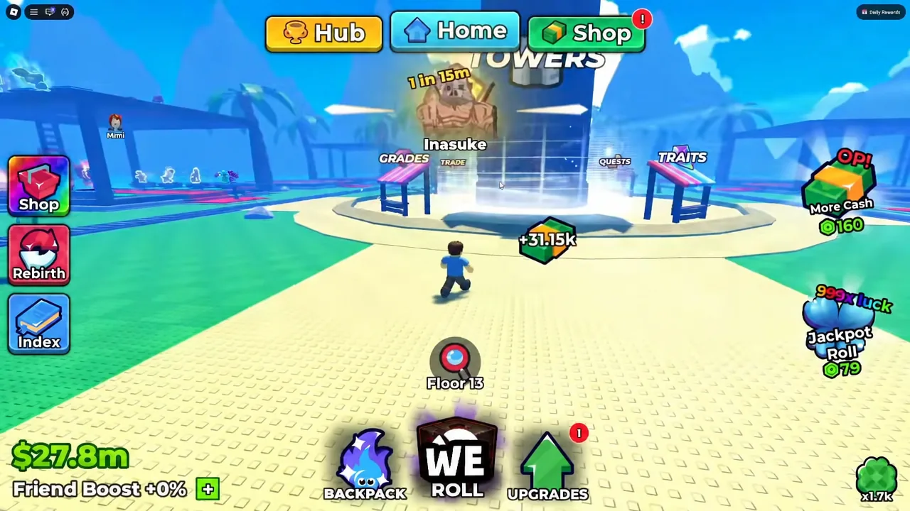 Player walking through the Anime Dice hub with the Shop button visible along the top of the screen