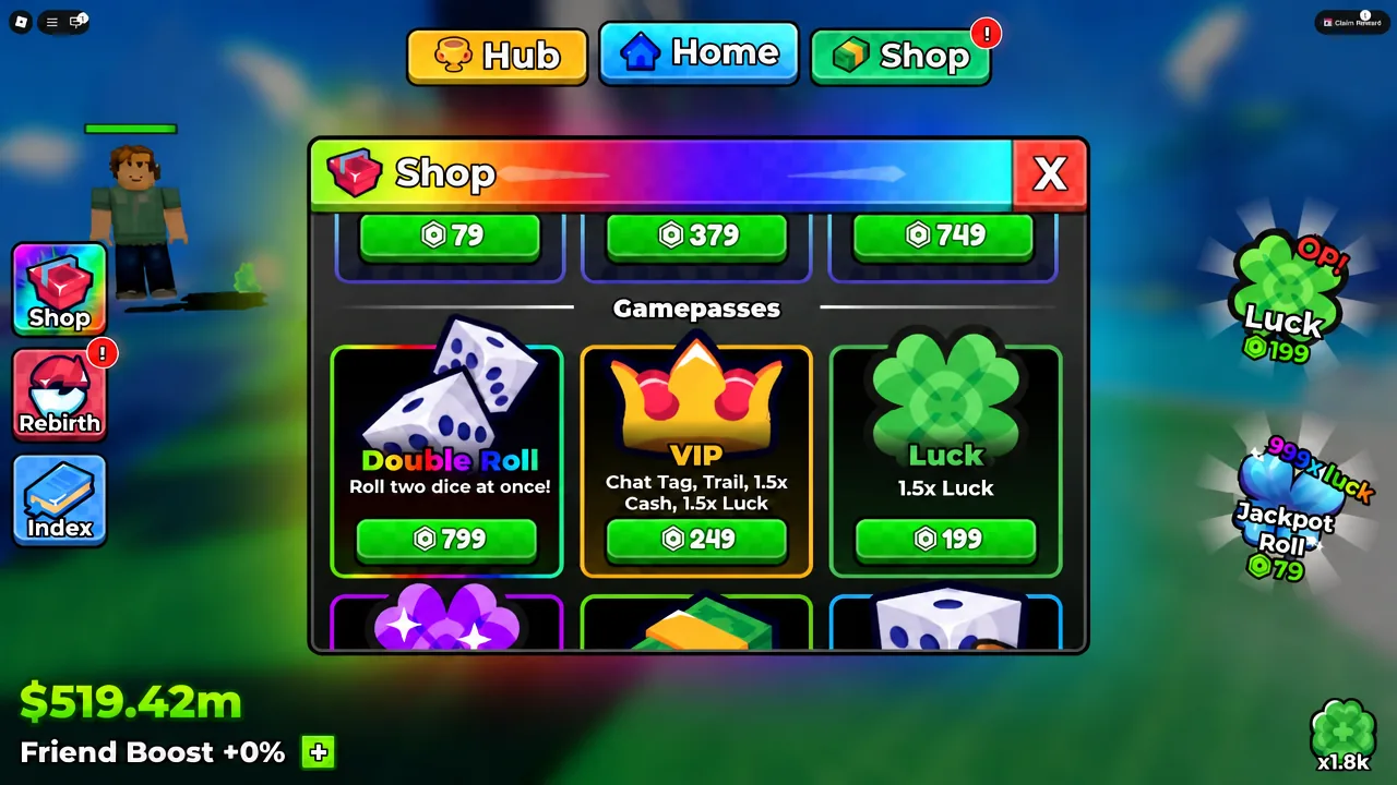 Anime Dice shop menu open on the gamepasses section with Double Roll, VIP, and Luck options
