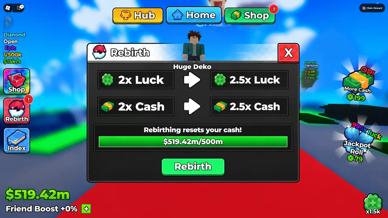 Rebirth menu in Anime Dice showing the confirmation button and multiplier increase