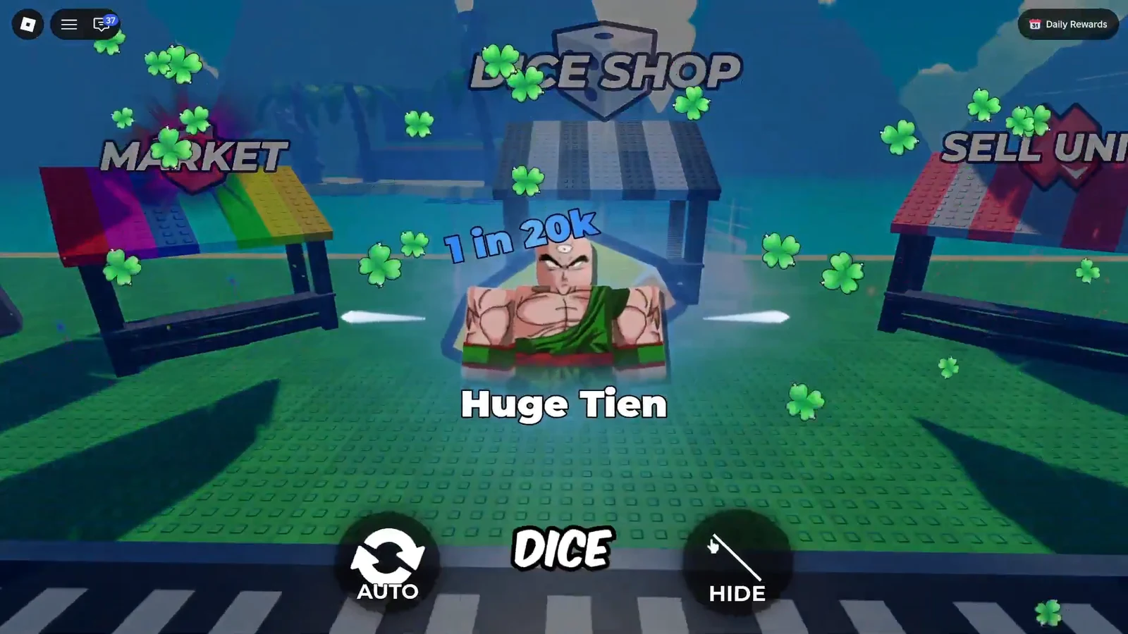 Dice roll screen showing a Huge Tien result at 1 in 20k odds with Auto and Hide toggles