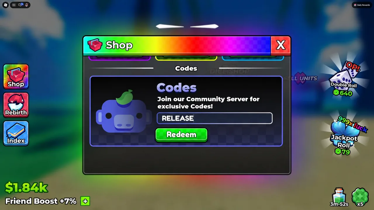 The Codes section at the bottom of the Anime Dice Shop menu with RELEASE typed into the entry field
