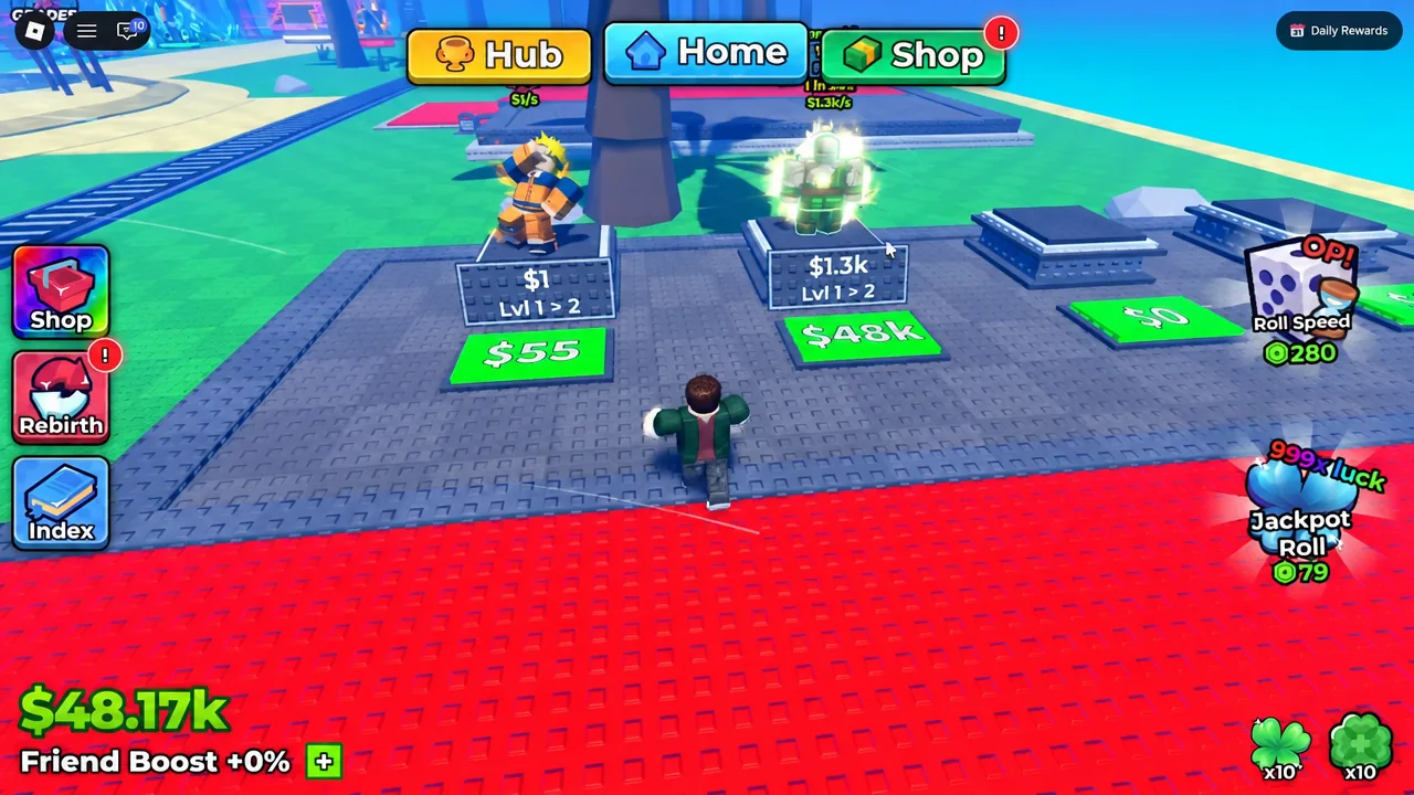 Player walking up to purchasable upgrade pads priced at $55 and $48K on their Anime Dice plot