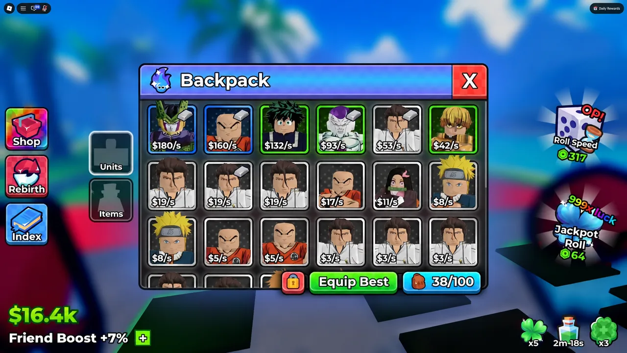 Backpack menu in Anime Dice with the green Equip Best button highlighted