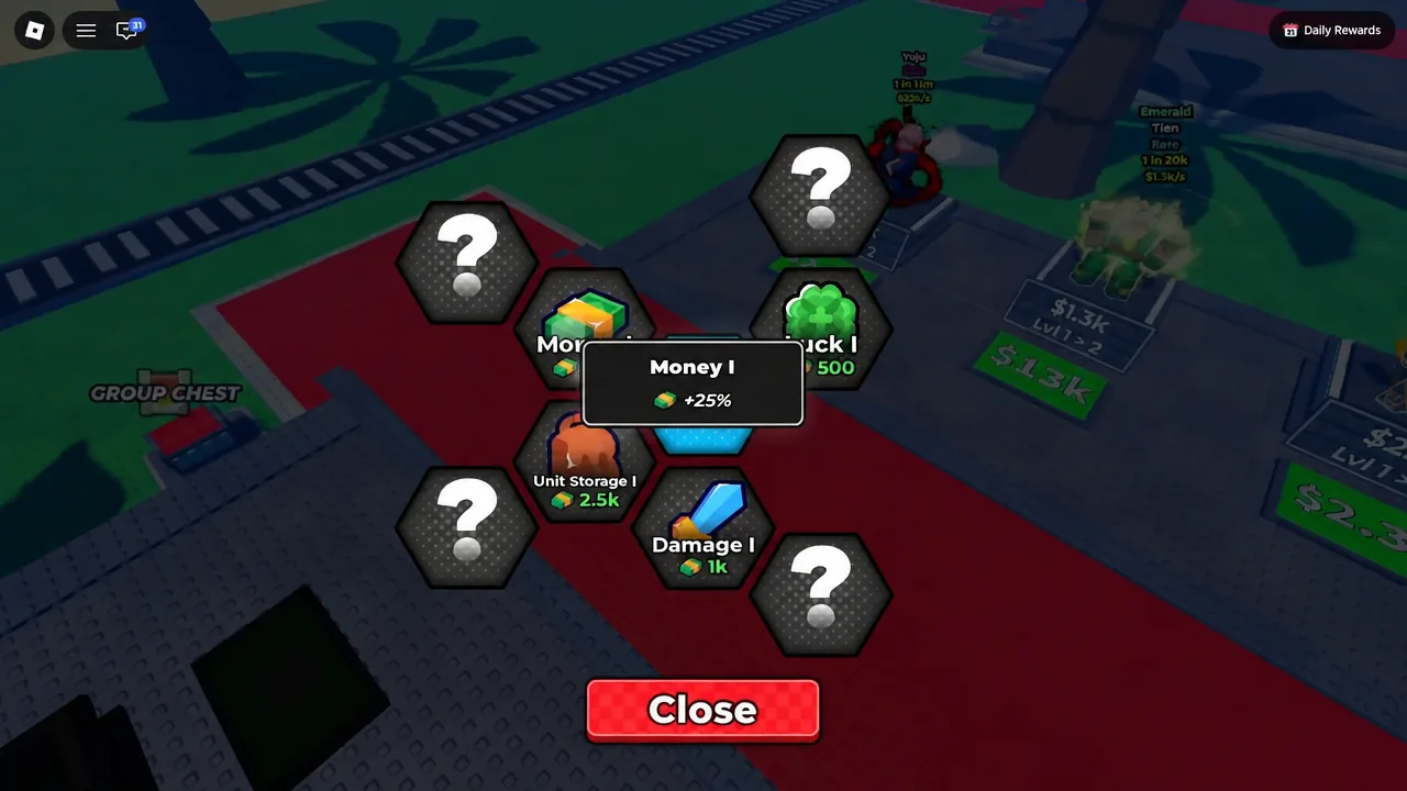 Anime Dice upgrade tree with the Money I node selected, showing its 25 percent money bonus