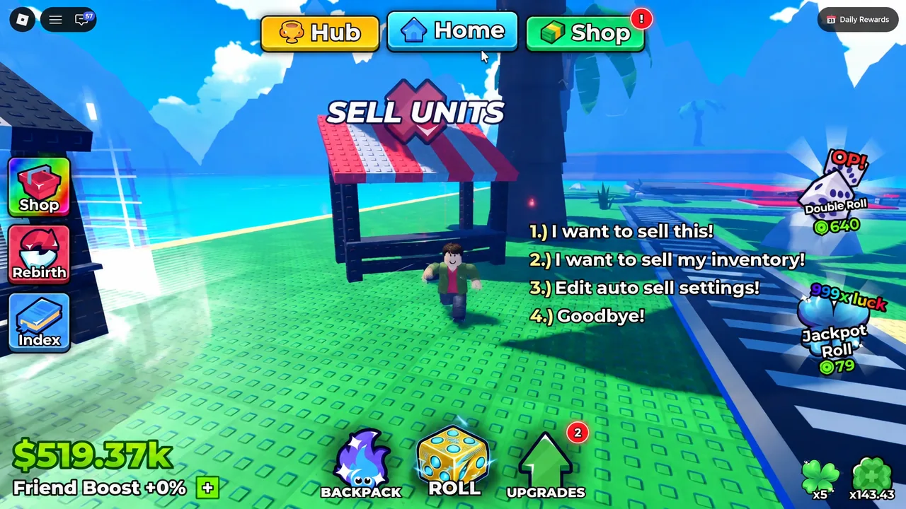 Sell Units booth menu with options to sell a unit, sell inventory, or edit auto-sell settings