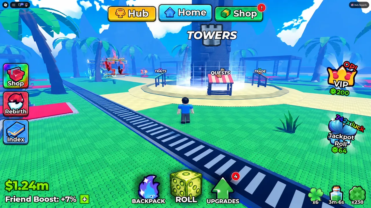 The TOWERS hub area in Anime Dice with the avatar walking toward the QUESTS stall