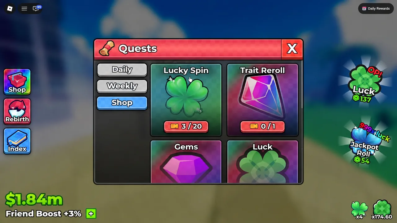 Quests menu with the Shop tab open, listing Lucky Spin and Trait Reroll purchases