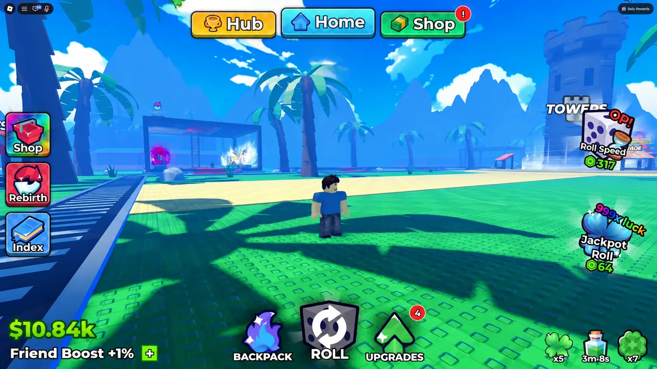 The Home tab open in Anime Dice while the player avatar stands in the central hub area