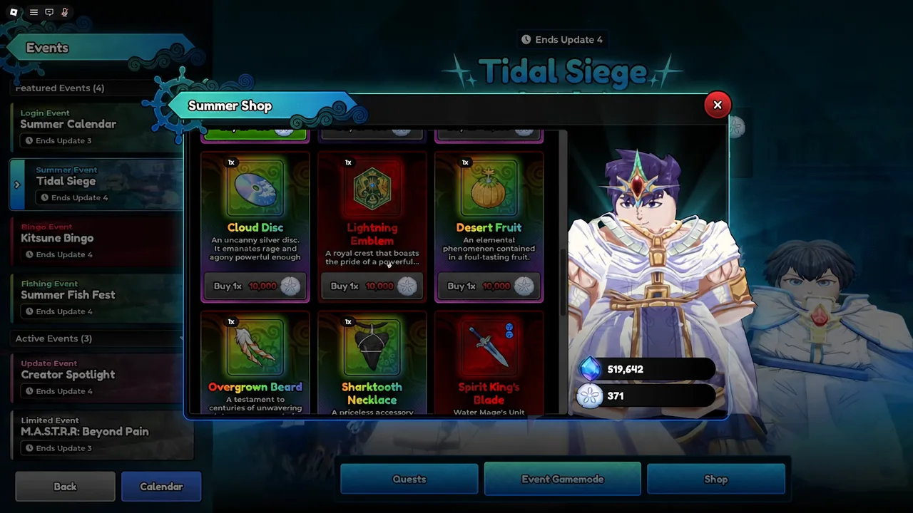 Summer Shop menu open on the Shop tab listing purchasable event items and evolution materials